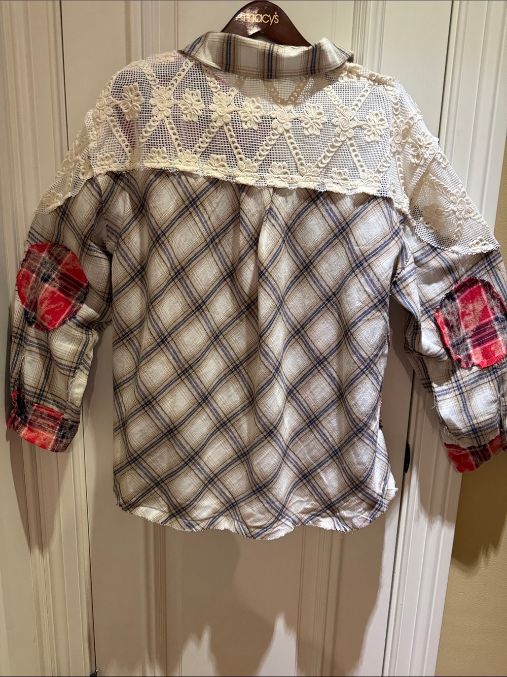 POL Vintage Inspired Mixed Patchwork w/ Lace Plaid Shacket - Red & Cream-NWOT-M - Picture 2 of 12